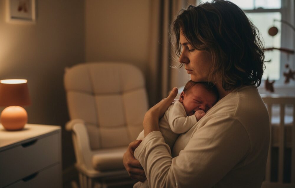 Уставший родитель укачивает плачущего младенца ночью