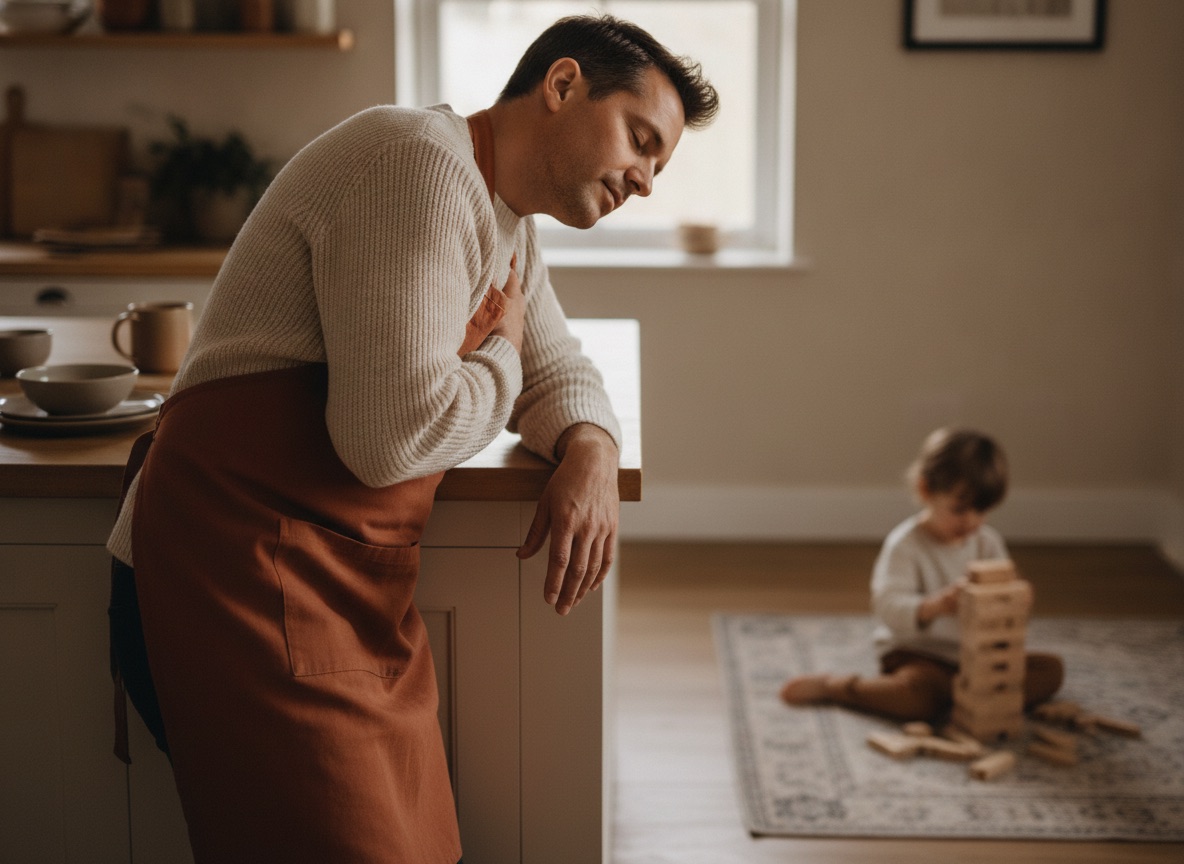 Уставший родитель на кухне переводит дух вечером
